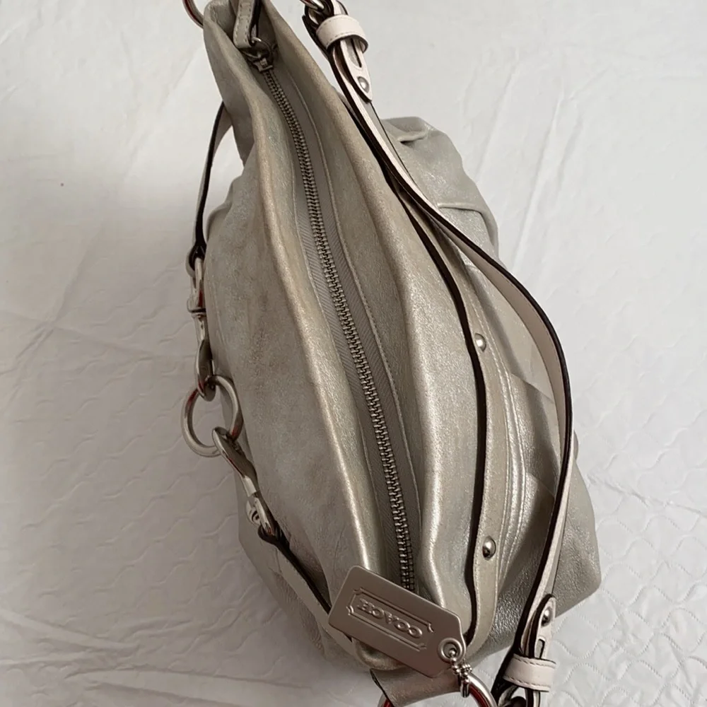 Coach silver metallic soft goat suede leather hobo bag with nickel hardware